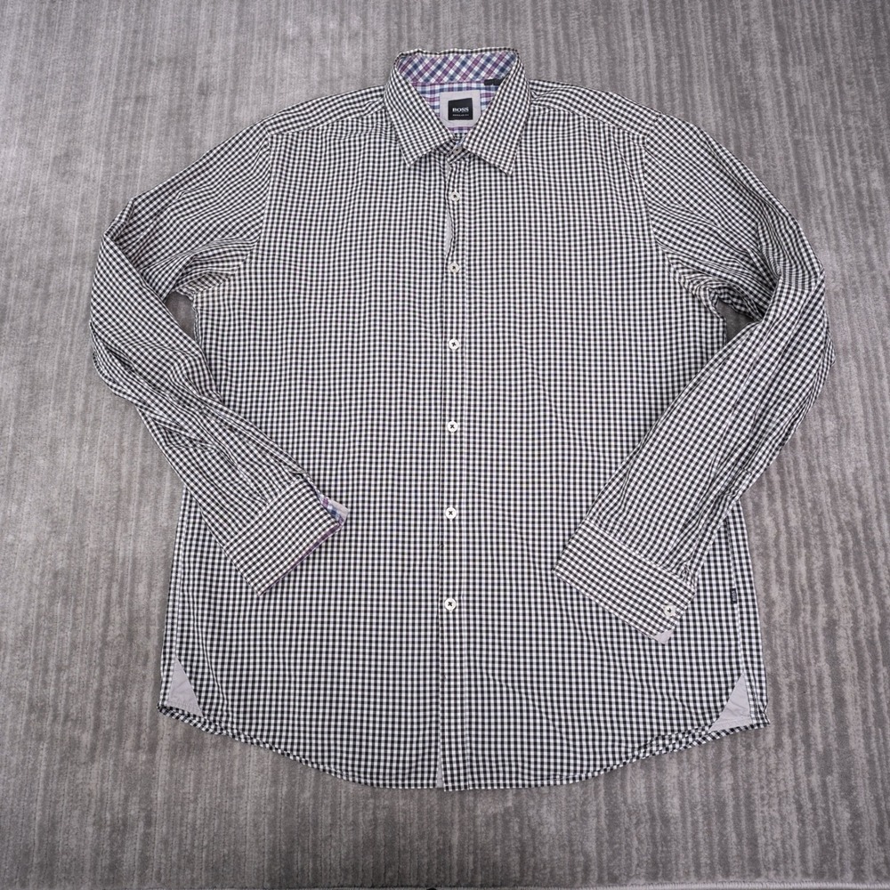 Hugo Boss Button Down Shirt Mens XL Black Gingham Excellent Obert Regular Fit